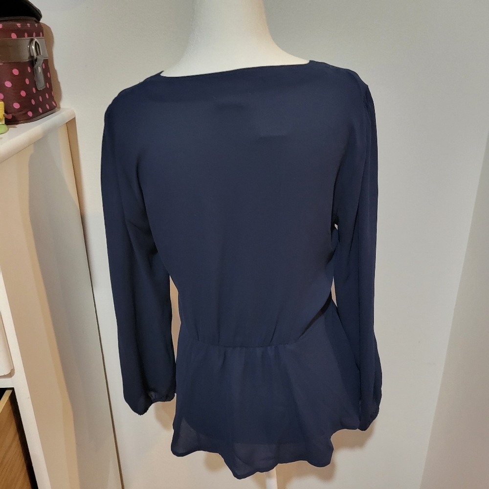 NWT LOFT solid Navy Long Sleeve V Neck Wrap Blouse Workwear | Small - Picture 6 of 10